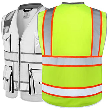 JKSafety 10 Pockets Class 2 Hi-Vis Zipper Front Yellow Safety Vest | Cushioned Collar | High Reflective Tapes with Extended Neon Orange Strips | Meets ANSI/ISEA Standards (Medium, 89-Yellow) - color: Yellowt2s1, size: Medium