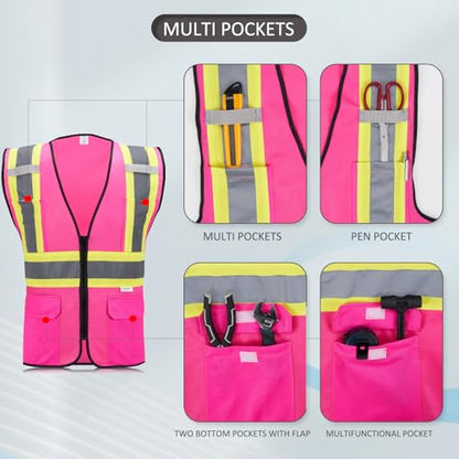 High Visibility Reflective Safety Vest with Zipper and Pockets Pink,M - color: Pink, size: Medium