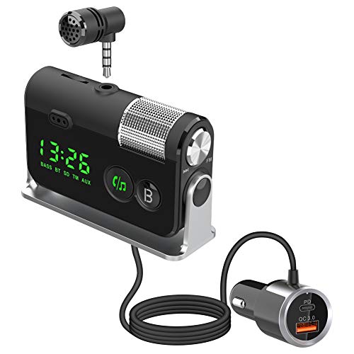 Bluetooth Car Adapter, Blutu para Carros with 2 Microphones & QC3.0 +Type-C PD 18W HiFi Bass Supports Hands-Free Calling, Siri Google Assistant, TF Card AUX Output - color: Silver