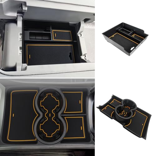 BestEvMod for Rivian R1T & R1S Armrest Storage Box and Cup Holder Lower Center Console Organizer Tray 2PCS with PVC Trim Compatible with Rivian R1T/R1S 2022-2024 Accessories (2PCS Yellow) - color: Yellow, size: V2Console+Lower Tray