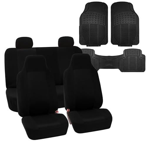 FH Group FH-FB102114 Full Set Classic Cloth Car Seat Covers Solid Black with F11306 Vinyl Floor Mats - Fit Most Car, Truck, SUV, or Van - color: Black, size: Seat cover & Floor mat