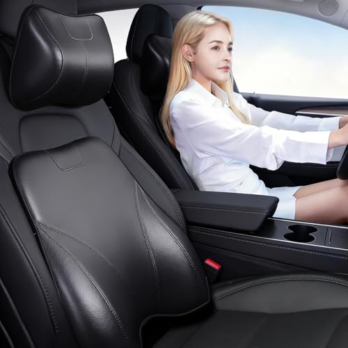 Memory Foam Car Headrest Neck Pillow Lumbar Support Cushion for Tesla Model Y/3/X/S BMW X3 X5 Lexus TX350 NX350 350h RX350 Volvo XC60 XC90 for Long Trips Driving Home Office(Black) - color: Black, size: 2 Packs-Headrest Pillow*1+Lumbar Support*1