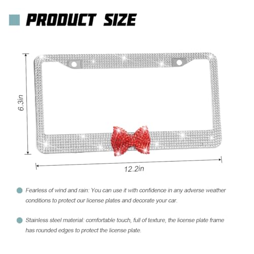 Bling Car License Plate Frame for Women, 2PCS Crystal Rhinestone Stainless Steel Vehicle Plate Holder, Glitter Diamond Sparkly Auto Plate Cover Accessories, Universal Fit (White/Red Bow) - color: White/Red Bow