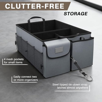 Collapsible Car Trunk Organizer - Multi-Compartment Storage for SUV/Truck/Sedan - Adjustable Straps Secure Belongings - Waterproof & Durable Interior (Grey)