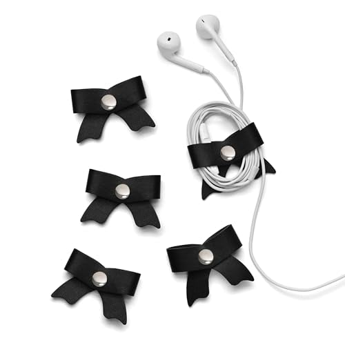 SenseAGE 5 Pack Cord Organizer, Bow Cord Keeper, Cable Organizer USB Holder, Leather Cable Management, Cable Straps, Earphone Winder, Storage Straps for Electronics, Earbuds, Small, Black - color: Black, size: Small