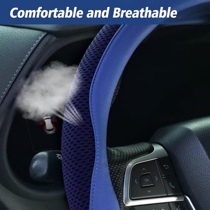 ZHOL Blue Steering Wheel Cover,Nappa Faux Leather with Comfort Grip,Non-Slip Breathable Universal Car Accessory for 15 Inch Steering Wheel - color: Blue