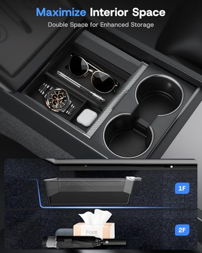 Center Console Organizer Tray for 2025 2026 Tesla Model Y Juniper (Premium & Performance) & All Model 3 Highland, Durable PC +Silent Silicone Liner Armrest Storage Box Wireless Charging Pad 4PCS - size: Model Y Juniper & Model 3 Highland