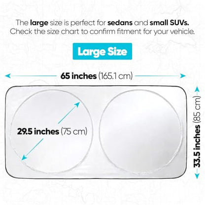 FORTEM Car Sun Shade for Windshield, Reflective Windshield Sunshade, 240T Polyester, Automotive Interior Sun Protection, Ultimate Heat and UV Shield, Foldable, Storage Bag - size: Large (65" x 33.5")