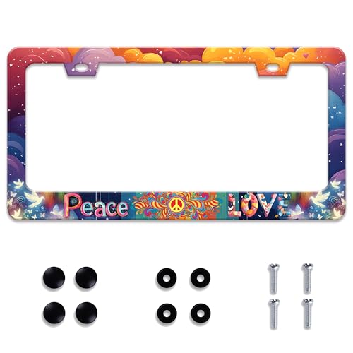 Personalized License Plate Frame Peace and Love Stainless Steel Accessory Hippie License Plate Holder Funny Car Decorative 2 Holes Screws Fits Us Standard License Plates 12.2 X 6.3 in for Men Women - color: Peace And Love