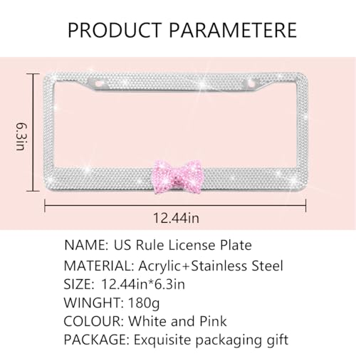 Bling Car License Plate Frame for Women, 2PCS Crystal Rhinestone Stainless Steel Vehicle Plate Holder, Glitter Diamond Sparkly Auto Plate Cover Accessories, Universal Fit (White/Pink Bow) - color: White/Pink Bow