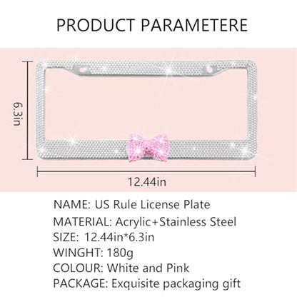 Bling Car License Plate Frame for Women, 2PCS Crystal Rhinestone Stainless Steel Vehicle Plate Holder, Glitter Diamond Sparkly Auto Plate Cover Accessories, Universal Fit (White/Pink Bow) - color: White/Pink Bow