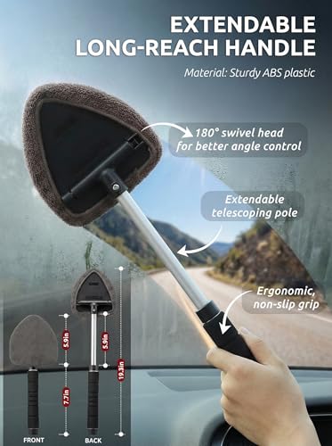TAKAVU Car Window Cleaning Tool, Windshield Wiper Cleaner with Extendable Long-Reach Handle, 3 Washable Reusable Microfiber Bonnets, Car & Home Inside Interior Exterior Use - Lint Free (Grey) - color: Black & Grey