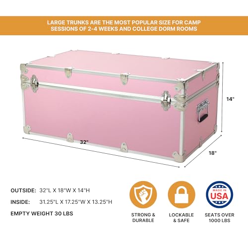 Rhino Trunk & Case Large Essential Trunk With Wheels 32”x18”x14”, 1000+ lbs Capacity - Many Colors. Strong, USA Made Summer Camp Footlocker, and Secure College Dorm Storage Chest - color: Pink