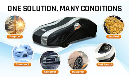 Car Covers for Automobiles All Weather Waterproof with Silver Stripe Design, Universal Fit Kia Stinger K5/Optima, Chevy Malibu, Cadillac CT4, BMW 3 Series(19-25), Benz C-Class(22-25) - size: 1-C3 Fit Sedan Length 186-193 inch