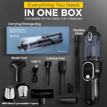 Car Vacuum Portable Cordless, 4-in-1 Mini Car Vacuum with 19500pa Suction & Air Duster, USB-C Charging, Smart Digital Display, Handheld Vacuum with LED Light, Multi Nozzles for Car, Home, Office, Pet