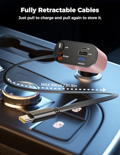SUPERONE 【Upgraded】 Retractable Car Charger 4 in 1, Fast Car Phone Charger with Cord 2.6ft, USB C Car Charger Adapter, Compatible with iPhone 17/16/15/15 Pro Max/14/13/12/11, Galaxy, Pixel - color: Pink
