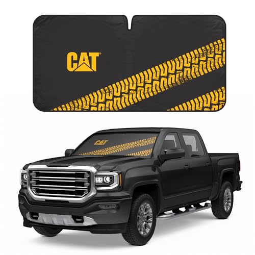 Cat Auto Shade for Car/Truck Windshield Pop-Up Sunshade UV Reflective Sun Shade Black with Yellow Tire Tracks – Jumbo Size 64” x 32” - color: Black XL