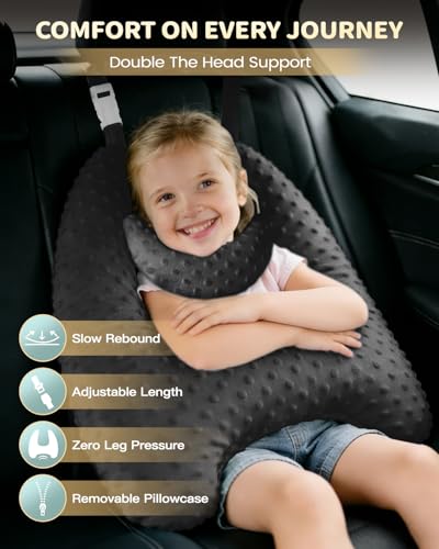 Memory Foam Kids Travel Pillow, Car Pillow for Kids, H-Shape Car Pillows for Sleeping, Removable Pillowcase, Adjustable, Velvet Dots, Black - color: Velvet Dots Black