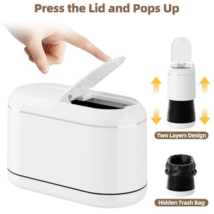 PAVSTINE Mini Trash Can for Desk with 5 Rolls of Trash Bags, Small Press-Top Countertop Garbage Bin, Removable Waste Basket for Bedroom, Vanity, Coffee Table, Kitchen (White Half-Lid) - color: White Half-Lid