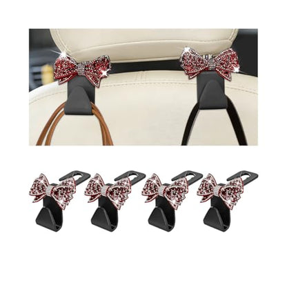 Zpana Bling Car Headreat Hook, 2PCS Crystal Rhinestone Cute Bow Vehicle Seat Back Hanger Storage for Purses Bags Grocery, Diamond Auto Rear Seat Organizer, Universal for SUV Truck Sedan (Red) - style: Red/4PCS