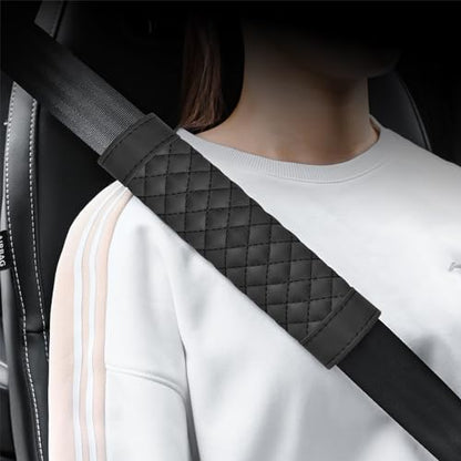 2PCS Car Seat Belt Cover Pad,Soft Leather Seatbelt Covers Breathable Seatbelt Cushion with Plaid Design,All Seasons Universal Car Interior Accessories Seat Belt Cover for Kids & Adults (Black) - color: Black