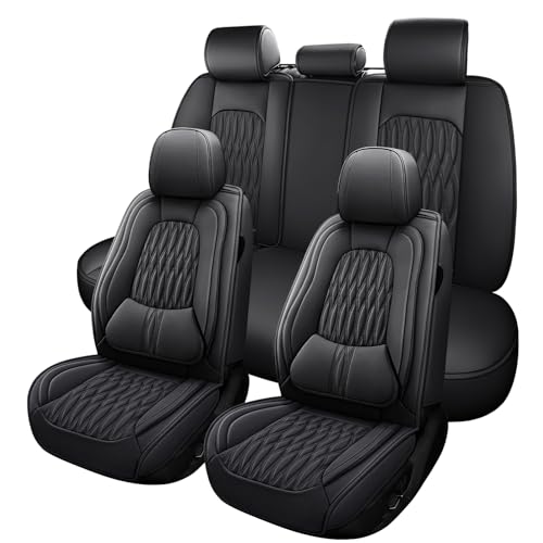 WELLDO Car Seat Covers Full Set, Leather Seat Covers for Car, Waterproof Car Seat Protector with Lumbar Support, Automotive Seat Covers Universal Fit for Most Cars SUV Truck(Black-w02) - color: Black-white, size: Full Set