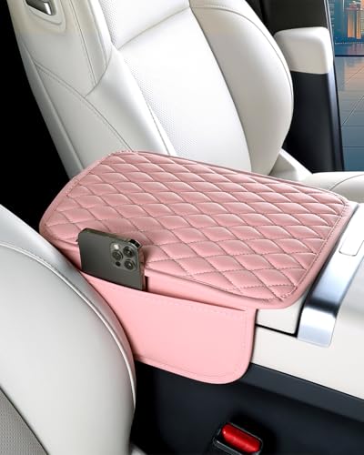 ESKONKE [Upgraded] Car Center Console Cover with 2 Storage Bags - Premium Nappa Leather Armrest Cover, Scratch & Wear Resistant, Waterproof Car Interior Accessories (Pink) - color: Pink