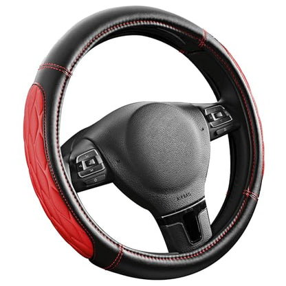 PIC AUTO Steering Wheel Cover, Red Thick Rhombic Foam and Premium Leather, Universal 14.5-15.5 Inch Breathable Anti-Slip Steering Wheels Accessories for Men & Women - color: Red