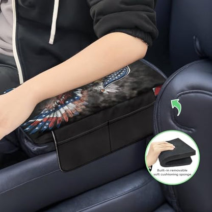Eagle Center Console Cover, American Flag Print 300D Polyester Fabric Armrest Cover Center Console Cushion with Side Pockets Compatible with Most Cars Vehicles SUVs - color: American Flag Eagle