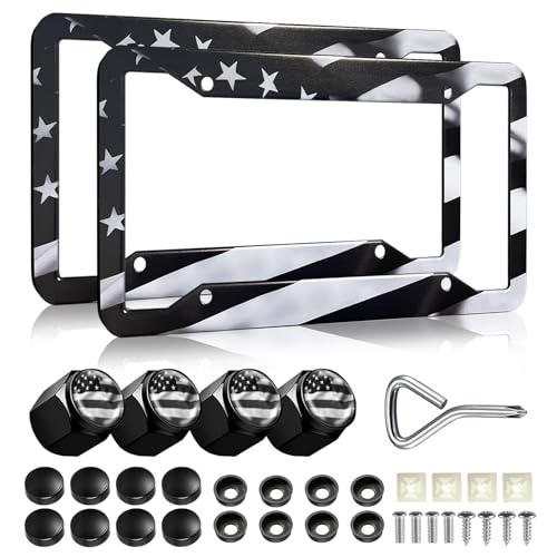LIN KANG Black American Flag License Plate Frames - 2 Pack Patriotic Aluminum Metal Rust-Proof USA Flag Car Decorative Tag Plate Frame Holder Covers with 4 Fluttering Flag Tire Valve Caps and Screws - color: Black US flag B