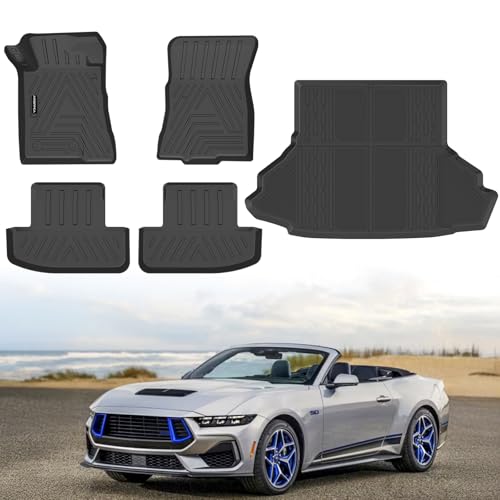 All Weather Floor Mats Cargo Liner for Ford Mustang 2015-2025 (NOT for Mach-E), TPE Rubber Floor Liners Anti-Slip Full Set Automotive Mats for 2025 Ford Mustang Accessories - size: Floor Mats for Mustang 2015-2025