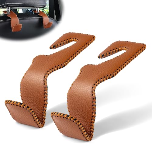 LivTee Brown Superior Leather Car Seat Back Headrest Hook, Auto Seat Hook Hangers Interior Accessories for Purse Coats Umbrellas Grocery Bags Handbag, 2-Pack - color: Brown