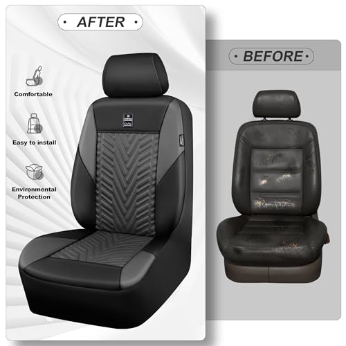 CAR PASS Faux Leather Car Seat Covers, 3D Tyre Embossed Waterproof Universal Fit 5 Seat Covers for SUV, Automotive Truck, Scratch Proof, Airbag Compatible (Deluxe Full Set,Black Gray) - color: Black Gray