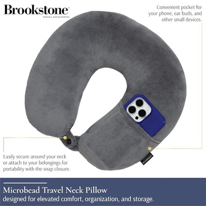 Brookstone Microbead Travel Head and Neck Pillow Lightweight and Plush with Phone or Headphone Pocket, Dark Grey