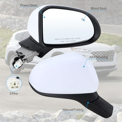 Right Passenger Side Mirror Compatible With 2019 2020 2021 2022 2023 Hyundai Santa Fe With Manual Folding Power Glass Blind Spot White Replace#87620-S2010(5Pins) - size: R