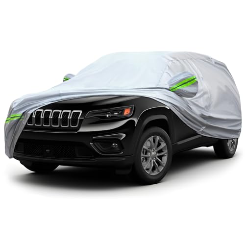 KEYOOG 6-Layer Full Car Cover is All-Weather Waterproof, Universal in All Seasons, Snow Prevention, Rainproof, Acid Rainproof, Sunscreen, Ultraviolet-Proof, Applicable to SUV and MPV (181"-190") - color: Green reflective strip, size: 12/ S-M For SUVs-Leng