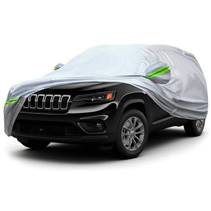 KEYOOG 6-Layer Full Car Cover is All-Weather Waterproof, Universal in All Seasons, Snow Prevention, Rainproof, Acid Rainproof, Sunscreen, Ultraviolet-Proof, Applicable to SUV and MPV (181"-190") - color: Green reflective strip, size: 12/ S-M For SUVs-Leng