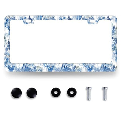 Blue White Porcelain Pattern License Plate Frame Chinoiserie License Plate Holders Colorful Stainless Steel Car Bracket 2 Hole with Screws Universal Auto Accessory License Plate Frames 6.2x12.2 Inch - color: Blue White Pattern