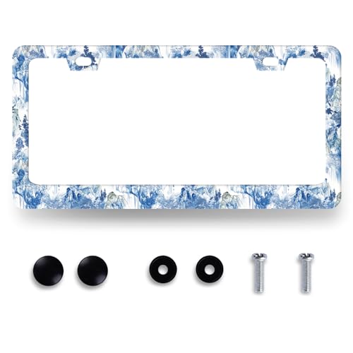 Blue White Porcelain Pattern License Plate Frame Chinoiserie License Plate Holders Colorful Stainless Steel Car Bracket 2 Hole with Screws Universal Auto Accessory License Plate Frames 6.2x12.2 Inch - color: Blue White Pattern