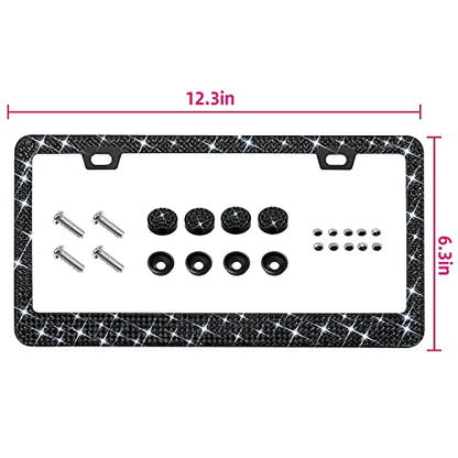 Bling Rhinestone License Plate Frame for Women 2PC, Sparkly Stainless Steel Frames & Over 1200 pcs Finest 14 Facets Black Glass Crystals Premium Diamond+GiftBox(Black) - color: Black-2PK