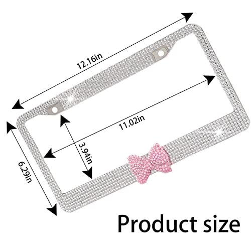 AUCELI Bling License Plate Frame, 2 Pack Stainless Steel Crystal Bow Car Plate Covers, US Vehicle License Bracket Holder with Rhinestone Mounting Bolts, Sparkly Car Accessories for Women (White/Pink) - color: White/Pink
