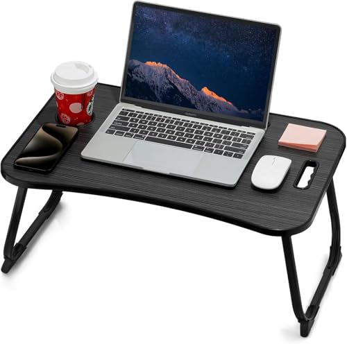 ZEAPTAC Laptop Bed Desk, Foldable Lap Desk, Portable Lap Table, Laptop Stand with Cup Holder & Tablet Slot & Lifting Handle for Working Writing Drawing & Eating - Dark Black - color: Dark Black