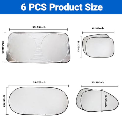 6 PCS Car Windshield Sunshade, Foldable Side Window Sun Shade with Storage Bag Front Rear Windshield and 4 Side Window Shades, Privacy Protection Cover Block UV Rays, Keep Cool for Most Cars