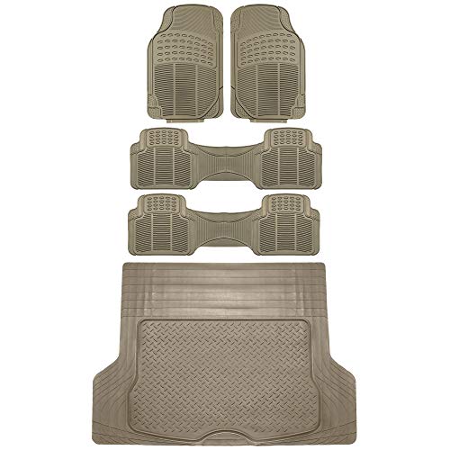 FH Group Trimmable Non-Slip Rubber Floor Mats 3 Row Set - Universal Fit for Cars Trucks and SUVs (Beige) F11305 + F16400 - color: Beige, style: 3 Row Set + Cargo
