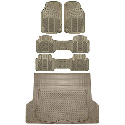 FH Group Trimmable Non-Slip Rubber Floor Mats 3 Row Set - Universal Fit for Cars Trucks and SUVs (Beige) F11305 + F16400 - color: Beige, style: 3 Row Set + Cargo
