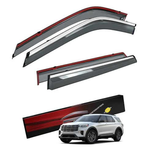 Sze Rain Guards Compatible with 2020-2026 Ford Explorer Side Window Deflectors Anti-Rain Window Visors with Tape 304 Stainless Steel Trim–Noise Reduction & All-Weather Protection Outside Channel-4pcs - style: Ford Explorer 2020-2025