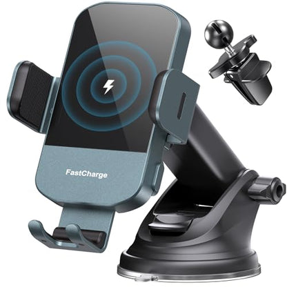 CHGeek Wireless Car Charger, 15W Fast Charging Auto Clamping Car Charger Phone Mount Phone Holder fit for iPhone 15 14 13 12 11 Pro Max Xs, Samsung Galaxy S24 Ultra S23 S22 S21, S20, S10+, Green - color: Green