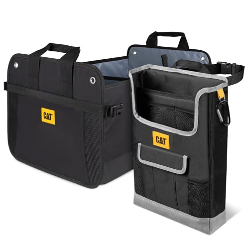 CAT® Car Trunk & Seat Organizer Bundle – Heavy Duty Collapsible Dual-Compartment Trunk Storage + Portable Seat Organizer Caddy, Adjustable Straps, Compact Travel Storage for Cars, Truck & SUV – Black - color: Black Organizer&Caddy