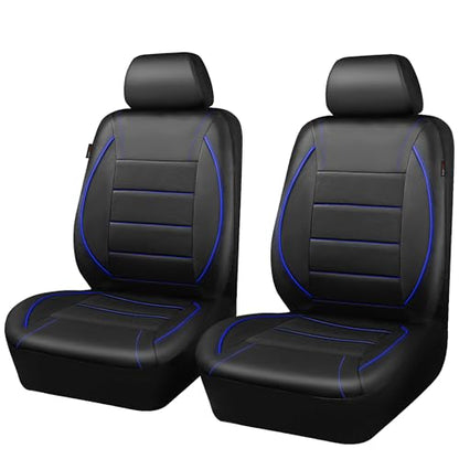 CAR PASS Universal FIT Piping Leather Two Front Seat Covers, Waterproof Faux Leather for SUV Sedan Van Truck, Airbag Compatible,Reserved Opening Holes for Headrest Covers. (Black and Blue) - color: Black Blue