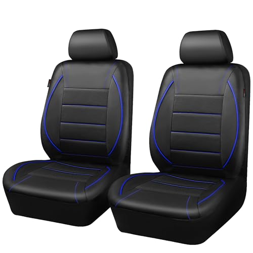 CAR PASS Universal FIT Piping Leather Two Front Seat Covers, Waterproof Faux Leather for SUV Sedan Van Truck, Airbag Compatible,Reserved Opening Holes for Headrest Covers. (Black and Blue) - color: Black Blue